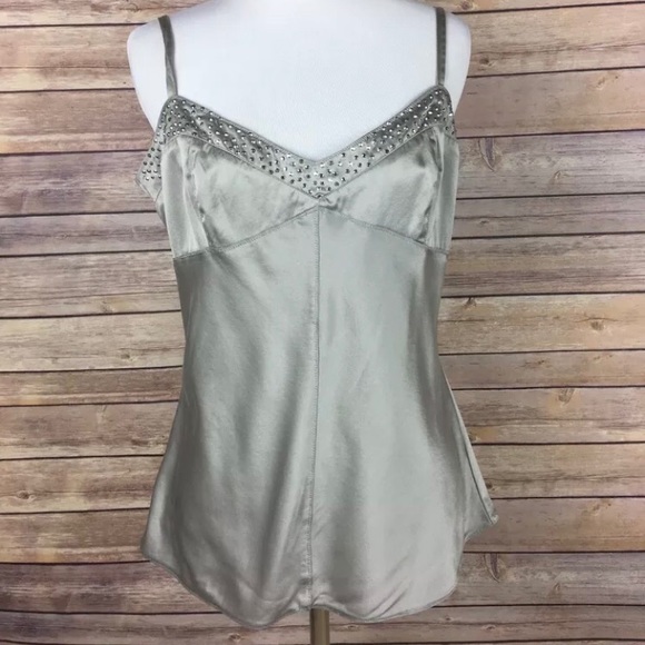 Express Tops - EXPRESS Silk Silver Tank with Sequins, Spaghetti Straps, Silvery Tank Top